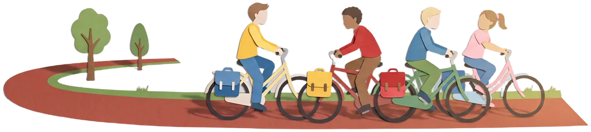 Vier kinderen fietsen samen over een fietspad naar de middelbare school, met hun schooltassen achterop.
